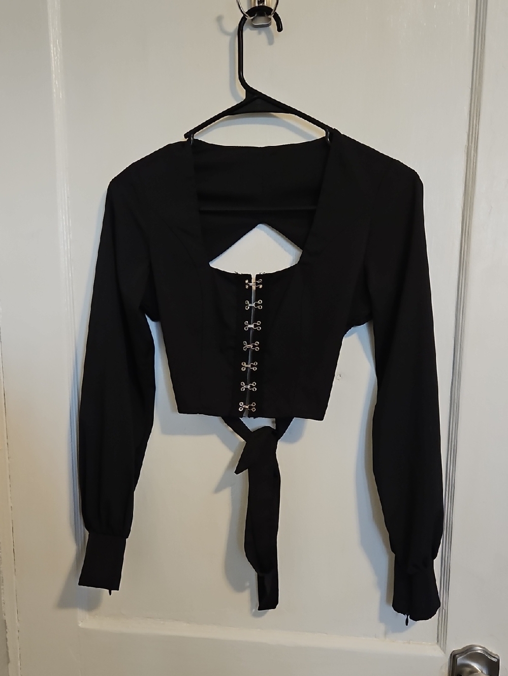 Black Hook-Front Long Sleeve Crop Top with Tie Waist